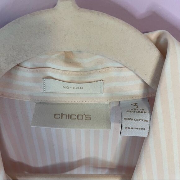 Chico's No-Iron Pink White Pinstripe Button Front Collar Cotton Boho Blouse XL - Picture 4 of 9